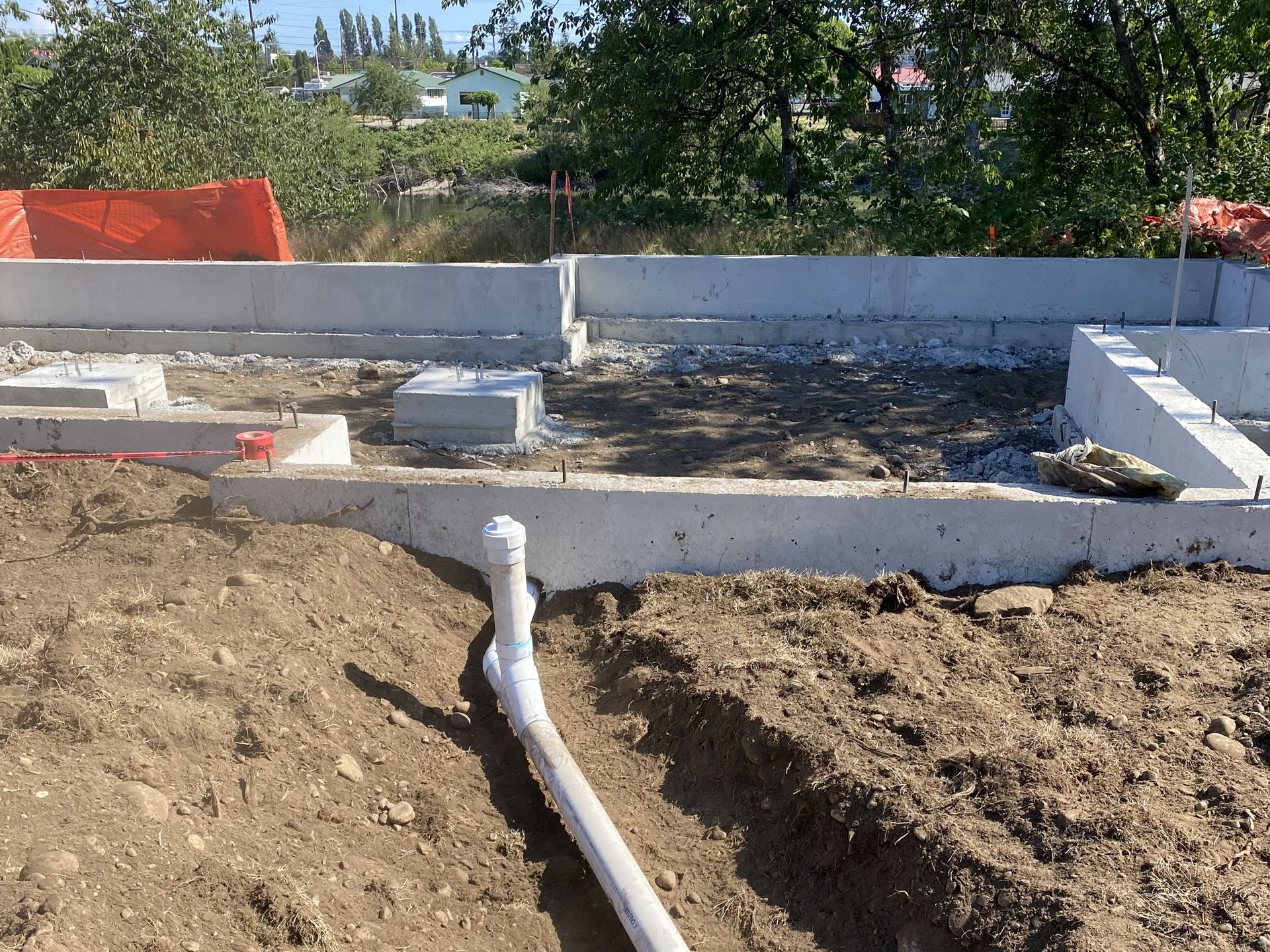 Dug out trench for building works of new house concrete foundation on construction site