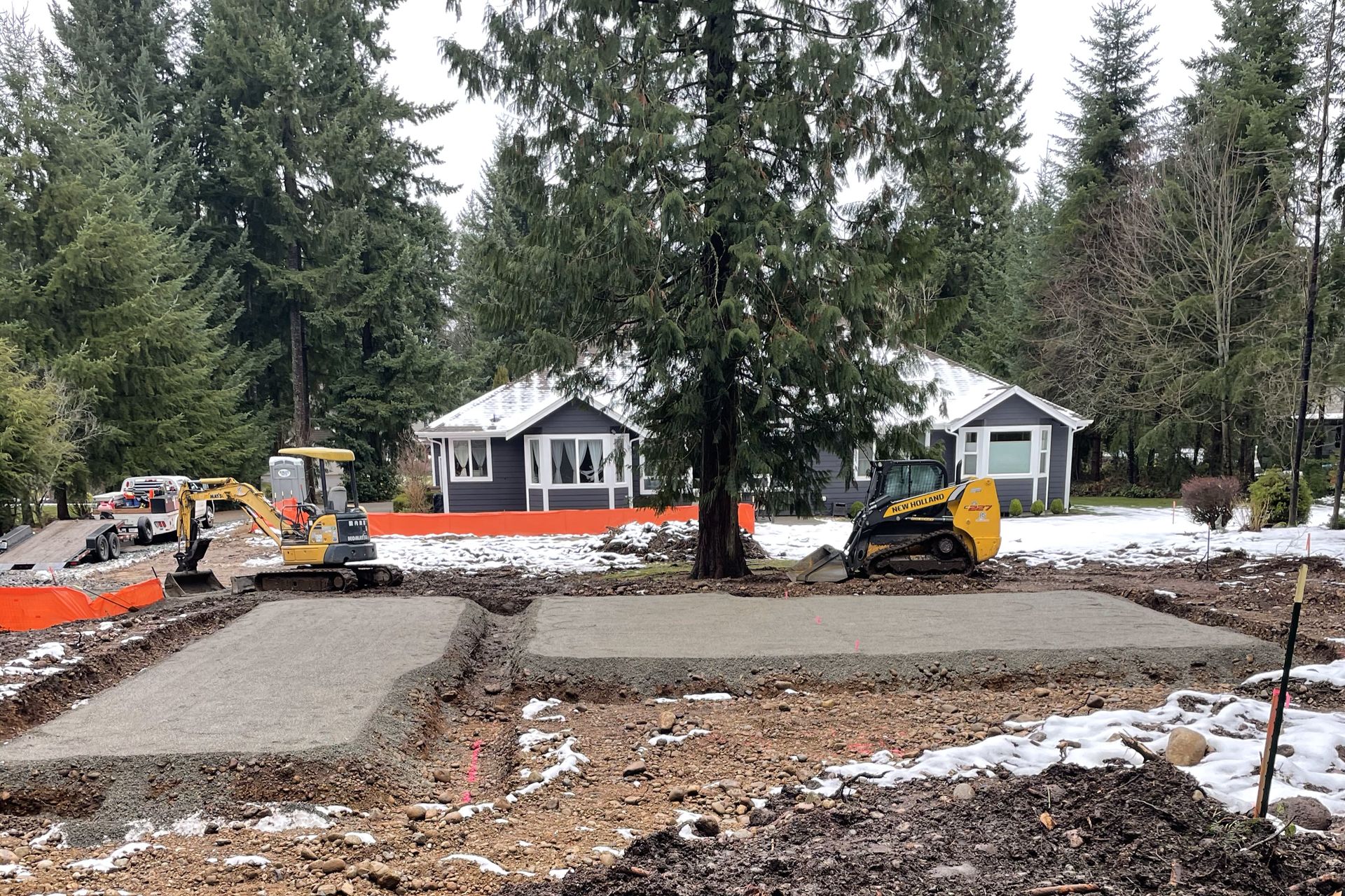 Dug out trench for building works of new house concrete foundation on construction site